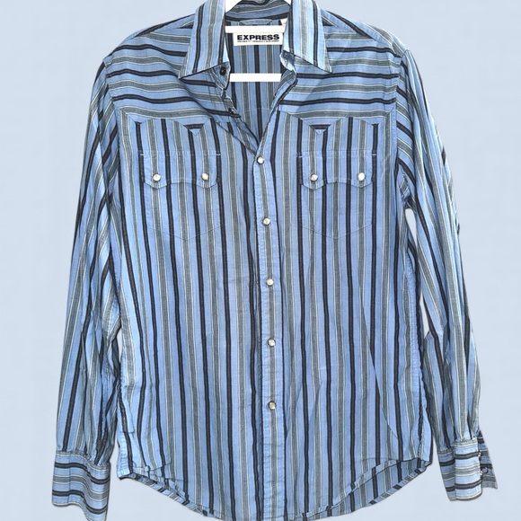 Express Men's Blue and Gray Striped pearl snap casual button down Shirt - medium - Picture 1 of 7